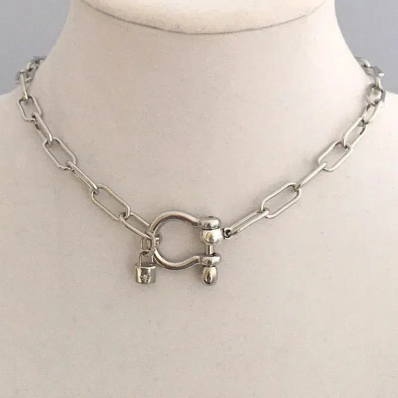 Carabiner Chain Necklace-Choker Necklace-Clasp Chain Necklace-Silver Cable Necklace-Silver Shackle Necklace-Shackle Jewelry-Padlock Charm