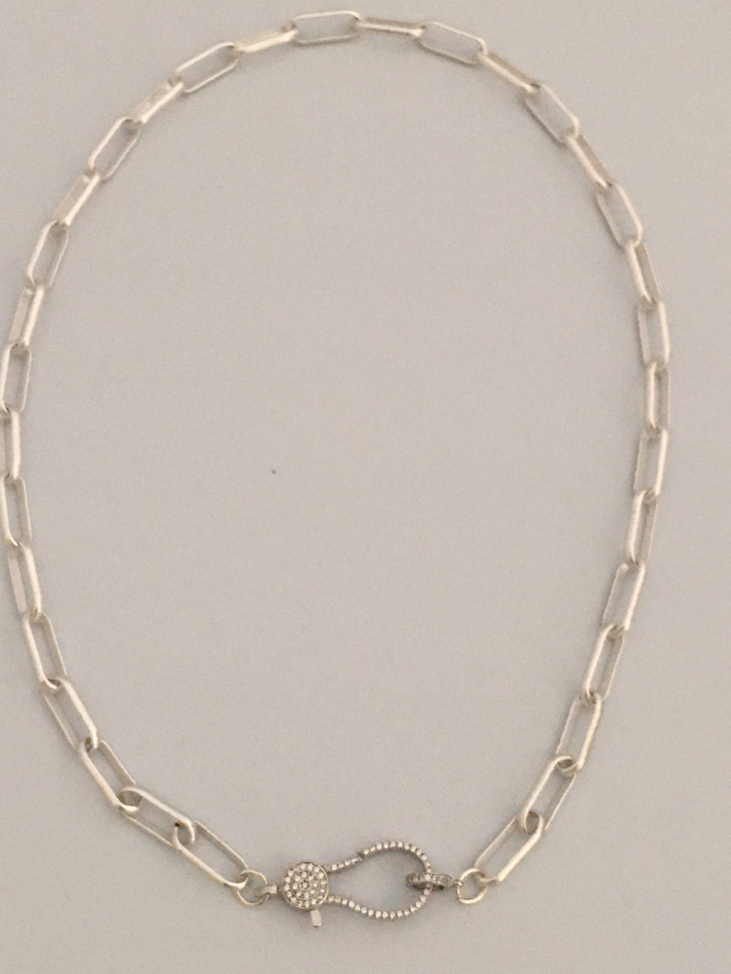 Matte Silver Paperclip Chain Necklace: Pave Lobster Clasp