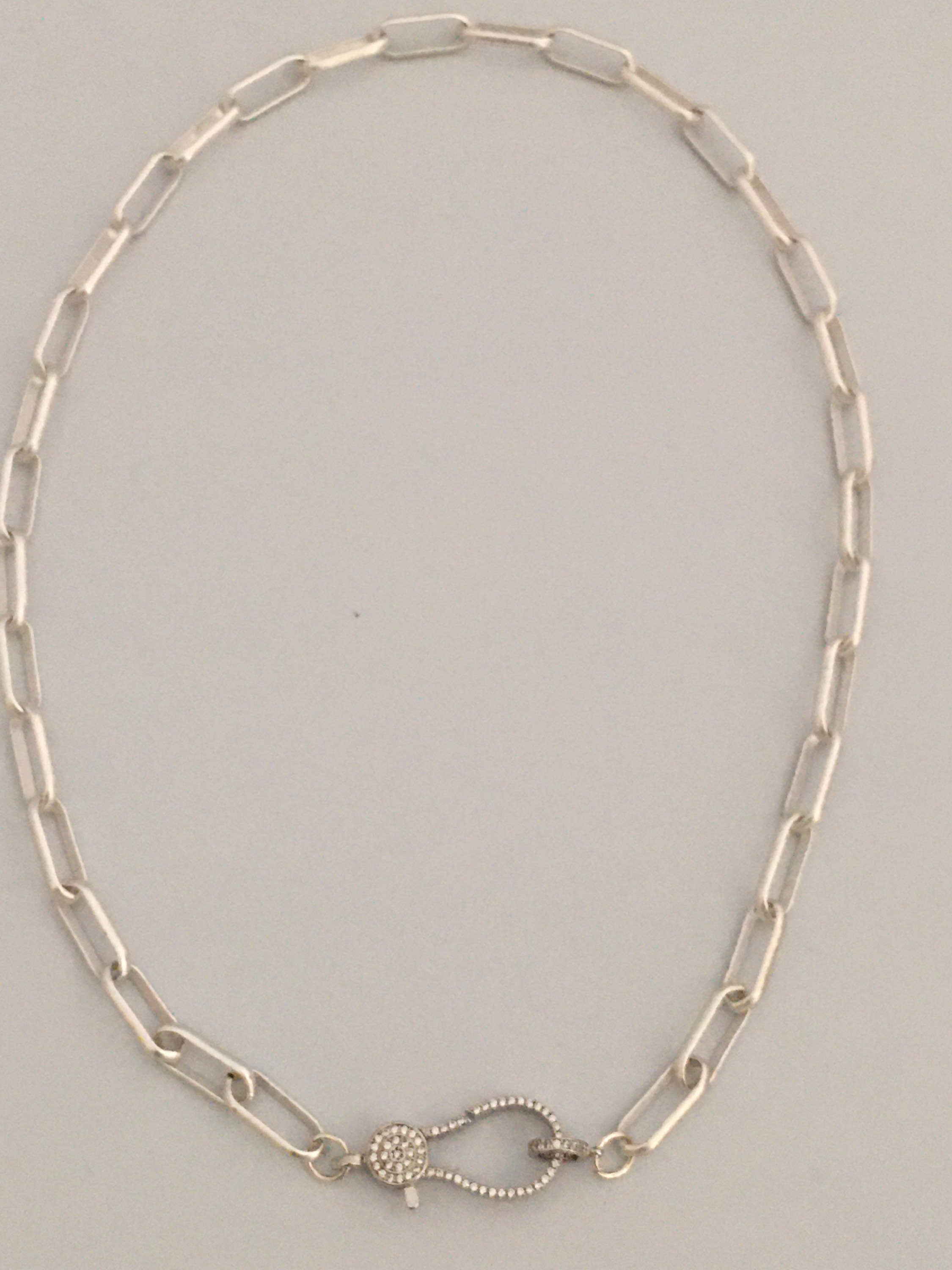 Matte Silver Paperclip Chain Necklace: Pave Lobster Clasp