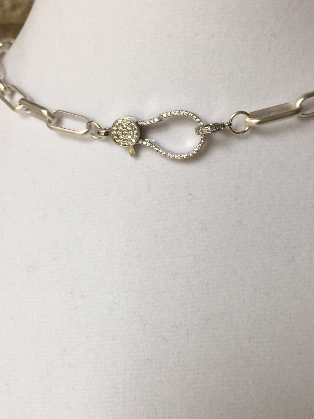 Matte Silver Paperclip Chain Necklace: Pave Lobster Clasp