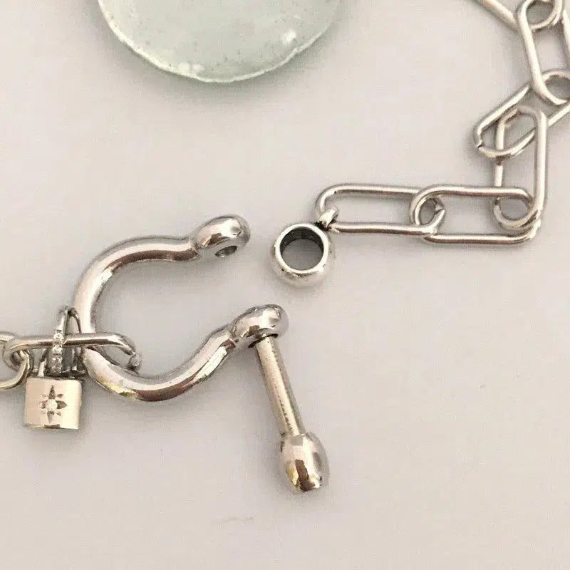 Carabiner Chain Necklace-Choker Necklace-Clasp Chain Necklace-Silver Cable Necklace-Silver Shackle Necklace-Shackle Jewelry-Padlock Charm