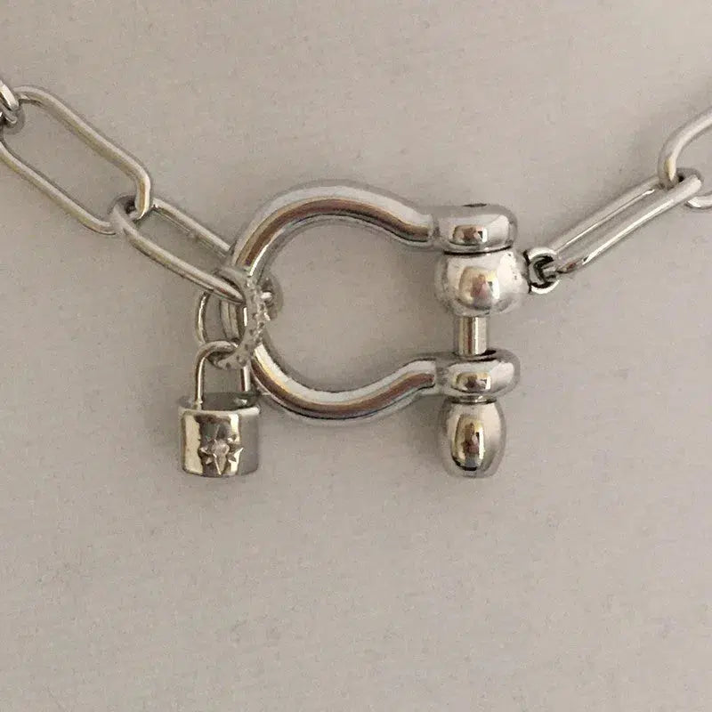 Carabiner Chain Necklace-Choker Necklace-Clasp Chain Necklace-Silver Cable Necklace-Silver Shackle Necklace-Shackle Jewelry-Padlock Charm