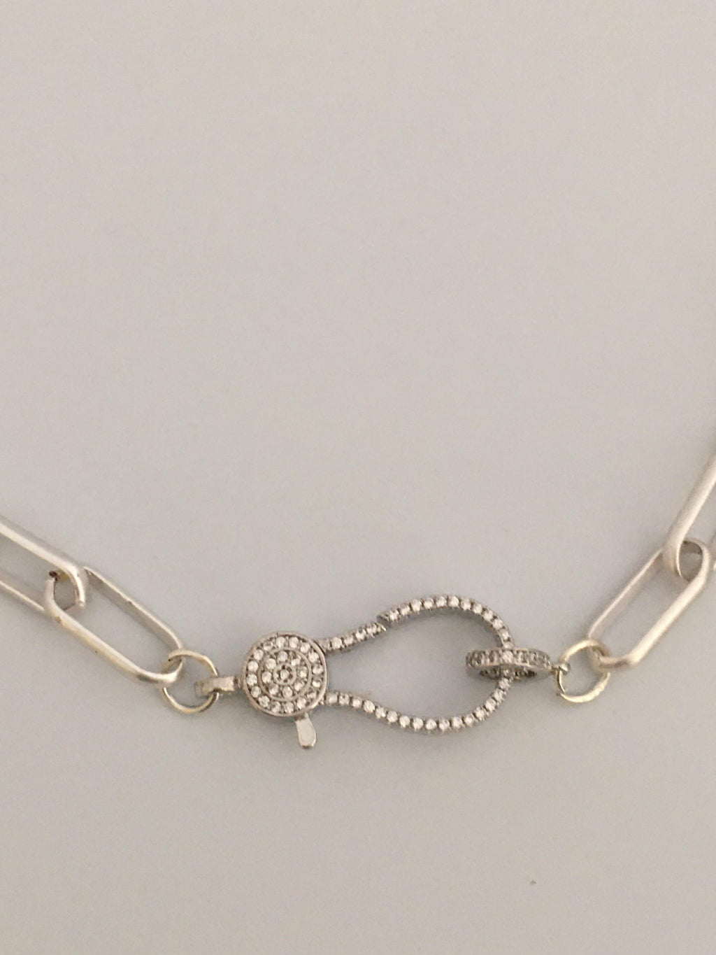 Matte Silver Paperclip Chain Necklace: Pave Lobster Clasp