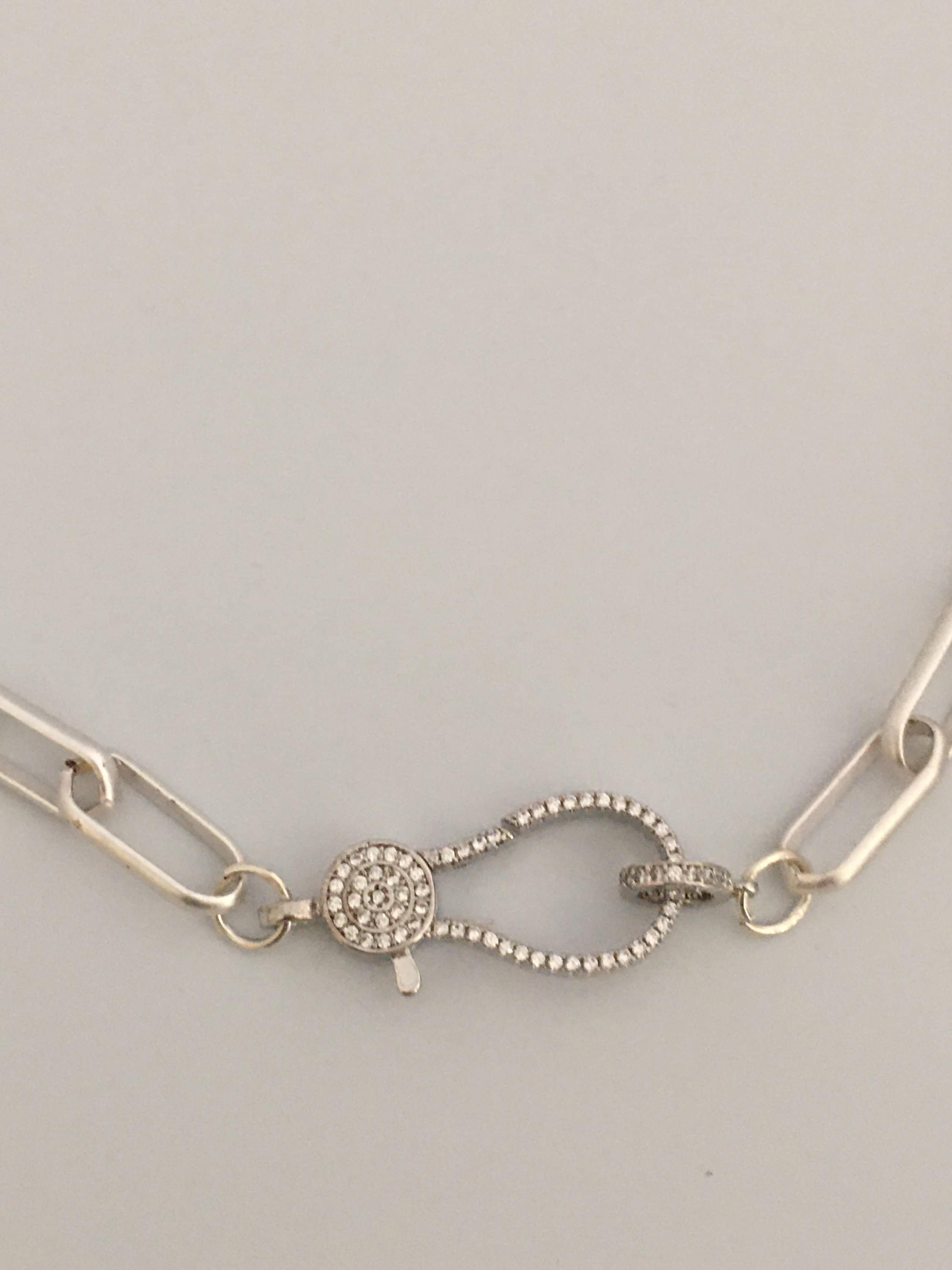 Matte Silver Paperclip Chain Necklace: Pave Lobster Clasp