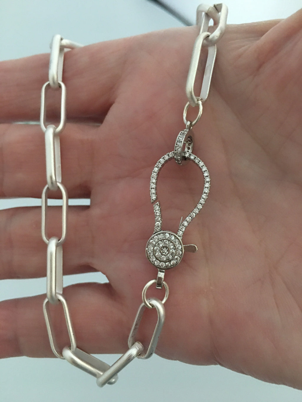 Matte Silver Paperclip Chain Necklace: Pave Lobster Clasp