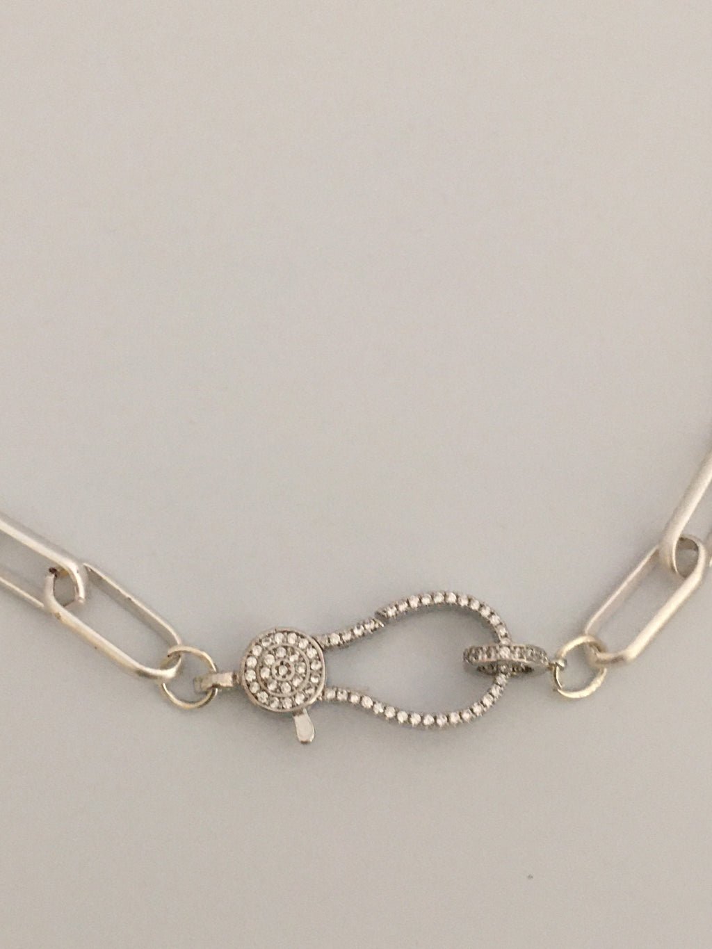 Matte Silver Paperclip Chain Necklace: Pave Lobster Clasp