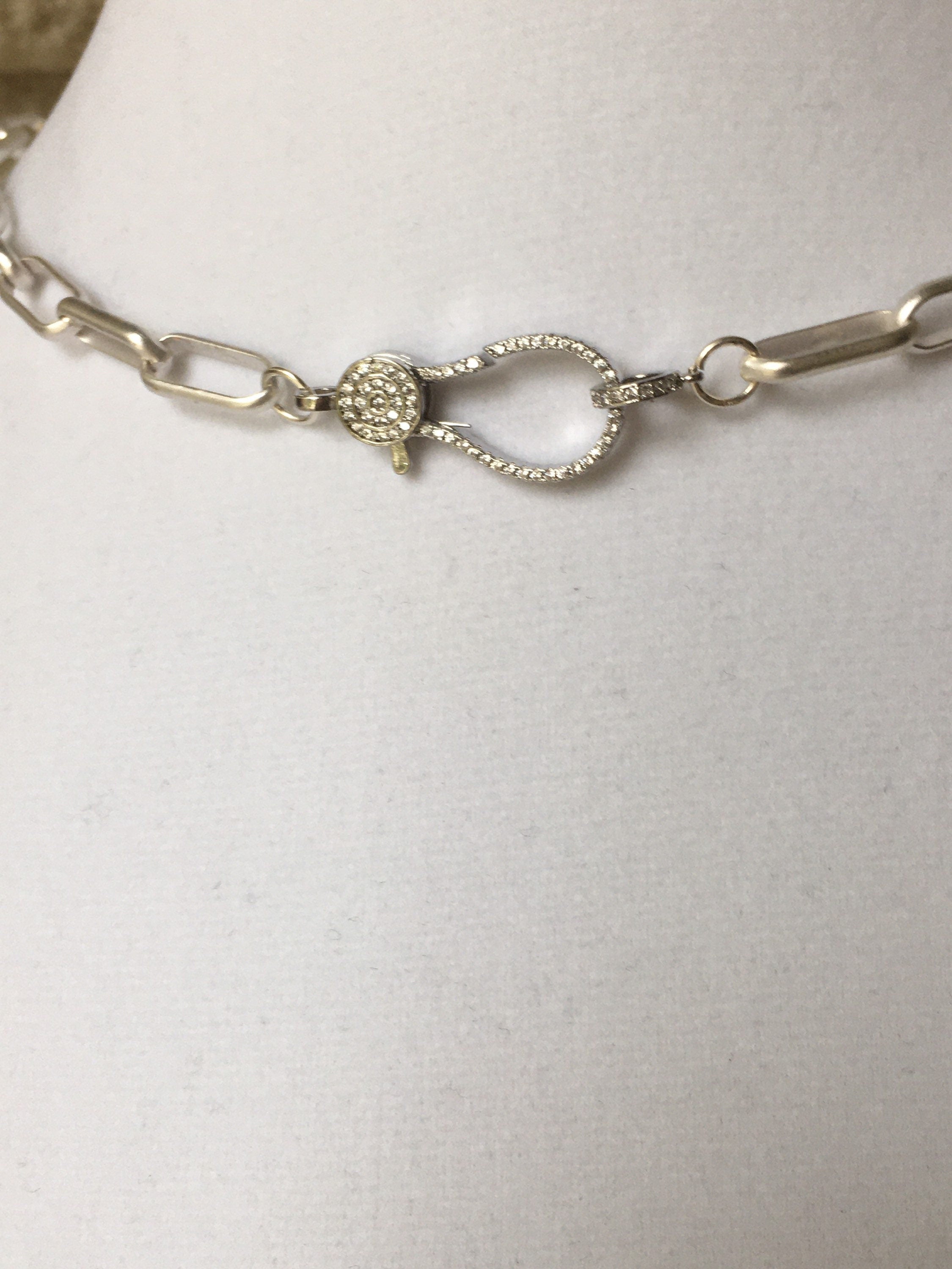 Matte Silver Paperclip Chain Necklace: Pave Lobster Clasp