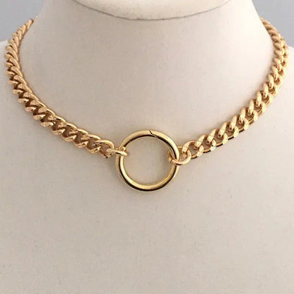 Gold Curb Link Chain Necklace-Cuban Chain Choker-Chain Choker-Gold Chain Necklace-Chunky Necklace-Spring Lock Connector-Gold Carabiner