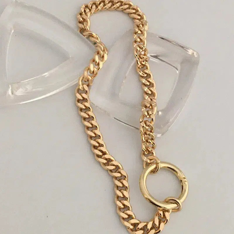 Gold Curb Link Chain Necklace-Cuban Chain Choker-Chain Choker-Gold Chain Necklace-Chunky Necklace-Spring Lock Connector-Gold Carabiner