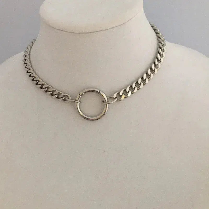 Silver Curb Link Chain Necklace-Cuban Chain Choker-Chain Choker-Silver Chain Necklace-Chunky Necklace-Spring Lock Connector-Silver Carabiner