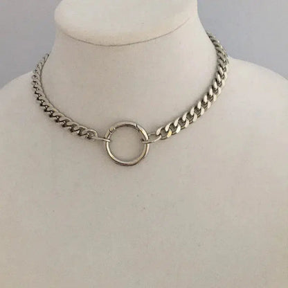 Silver Curb Link Chain Necklace-Cuban Chain Choker-Chain Choker-Silver Chain Necklace-Chunky Necklace-Spring Lock Connector-Silver Carabiner