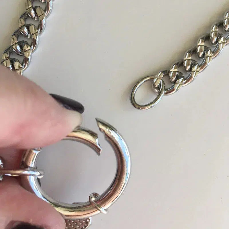 Silver Curb Link Chain Necklace-Cuban Chain Choker-Chain Choker-Silver Chain Necklace-Chunky Necklace-Spring Lock Connector-Silver Carabiner