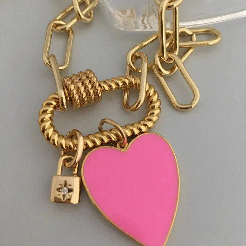 Gold Carabiner Chain Necklace-Enamel Heart Charm-Gold CZ Padlock Charm-Paperclip Link Chain-Gold Rope Carabiner Clasp-Chain Choker Necklace