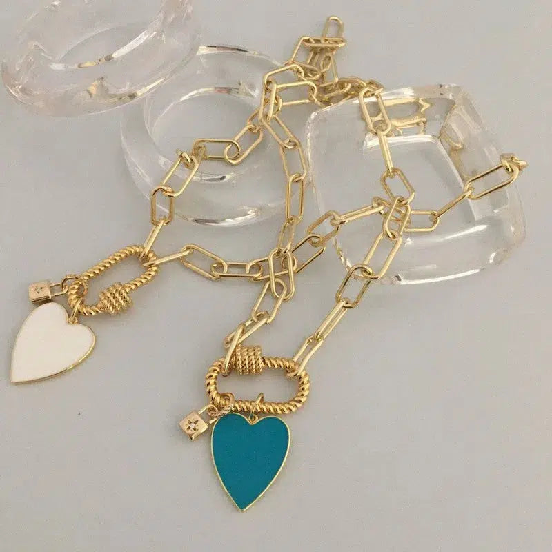 Gold Carabiner Chain Necklace-Enamel Heart Charm-Gold CZ Padlock Charm-Paperclip Link Chain-Gold Rope Carabiner Clasp-Chain Choker Necklace