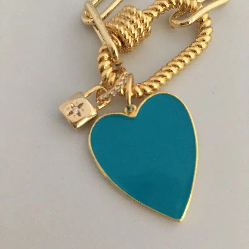 Gold Carabiner Chain Necklace-Enamel Heart Charm-Gold CZ Padlock Charm-Paperclip Link Chain-Gold Rope Carabiner Clasp-Chain Choker Necklace