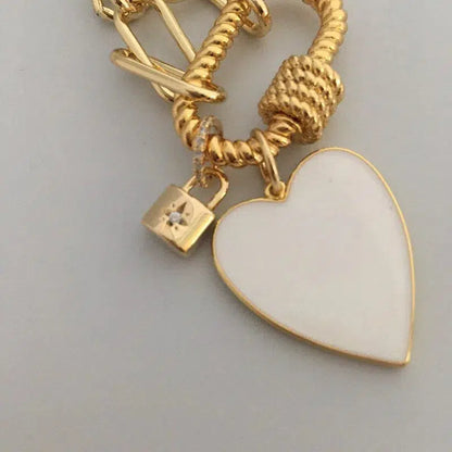 Gold Carabiner Chain Necklace-Enamel Heart Charm-Gold CZ Padlock Charm-Paperclip Link Chain-Gold Rope Carabiner Clasp-Chain Choker Necklace