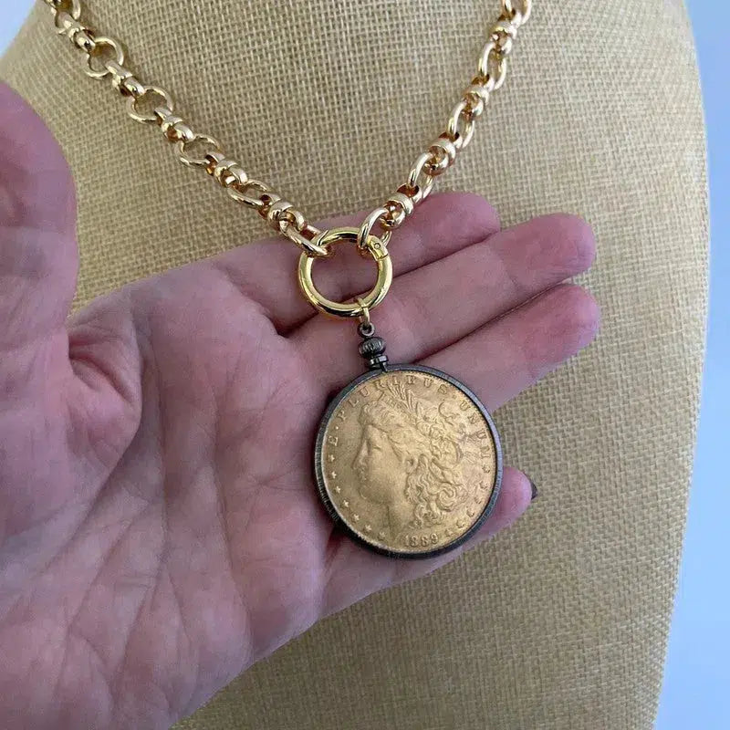 Vintage Coin Necklace-Shiny Gold Multi Link Chain Necklace-Gold Reproduction Coin-Gunmetal Bezel Coin-Spring Lock Clasp