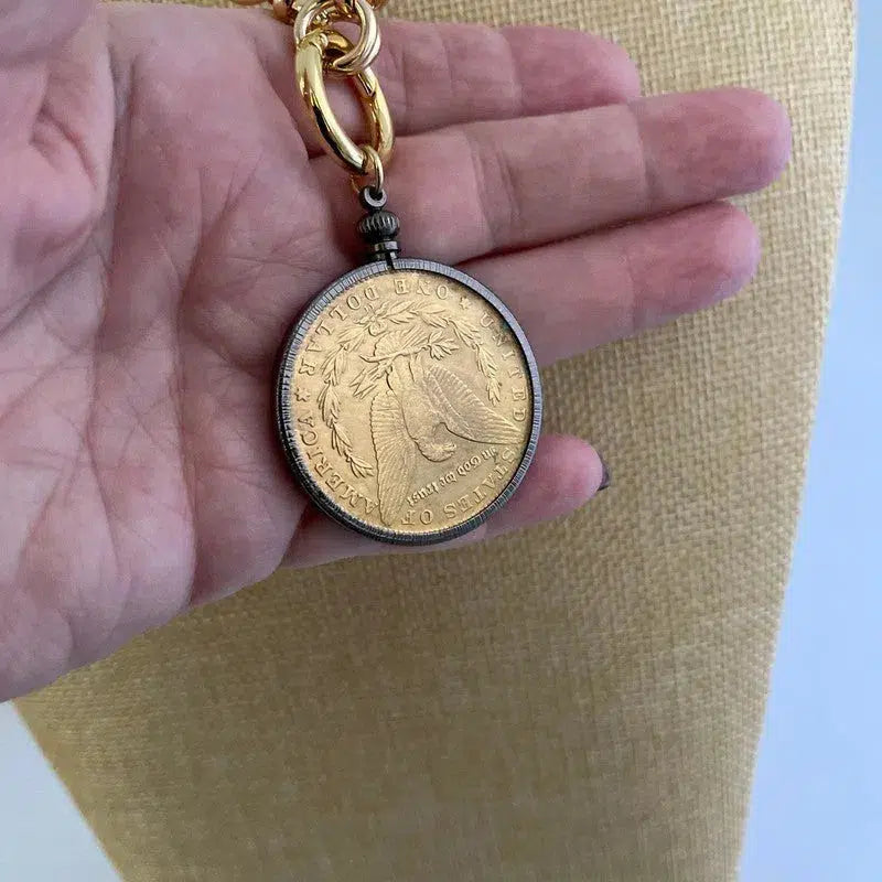 Vintage Coin Necklace-Shiny Gold Multi Link Chain Necklace-Gold Reproduction Coin-Gunmetal Bezel Coin-Spring Lock Clasp