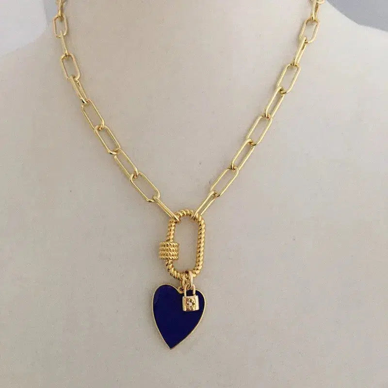 Gold Carabiner Chain Necklace-Enamel Heart Charm-Gold CZ Padlock Charm-Paperclip Link Chain-Gold Rope Carabiner Clasp-Chain Choker Necklace