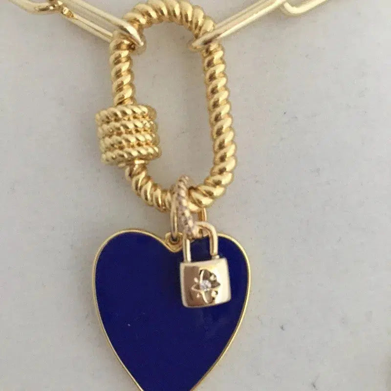 Gold Carabiner Chain Necklace-Enamel Heart Charm-Gold CZ Padlock Charm-Paperclip Link Chain-Gold Rope Carabiner Clasp-Chain Choker Necklace