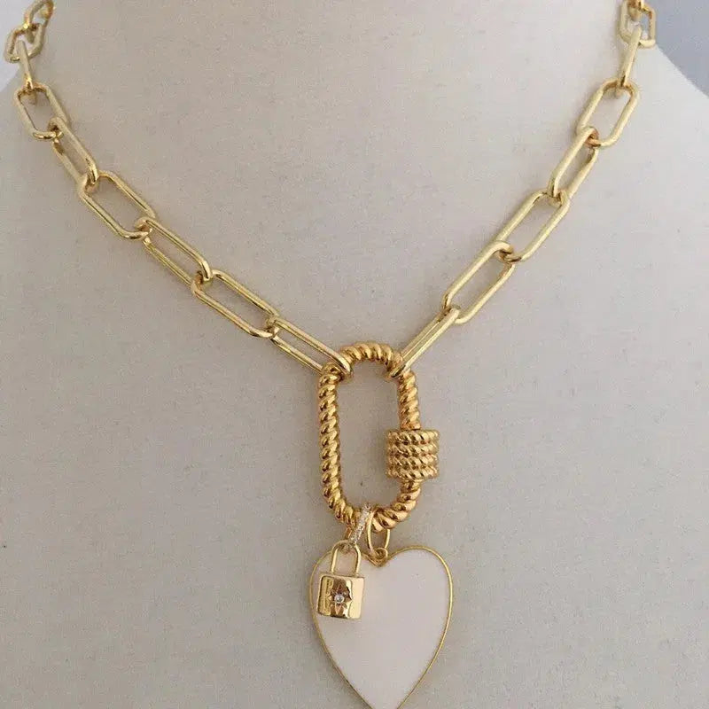 Gold Carabiner Chain Necklace-Enamel Heart Charm-Gold CZ Padlock Charm-Paperclip Link Chain-Gold Rope Carabiner Clasp-Chain Choker Necklace