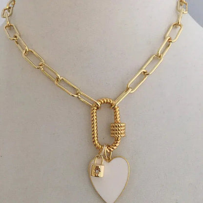 Gold Carabiner Chain Necklace-Enamel Heart Charm-Gold CZ Padlock Charm-Paperclip Link Chain-Gold Rope Carabiner Clasp-Chain Choker Necklace