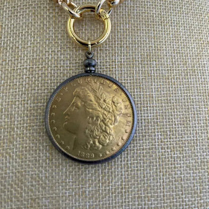 Vintage Coin Necklace-Shiny Gold Multi Link Chain Necklace-Gold Reproduction Coin-Gunmetal Bezel Coin-Spring Lock Clasp