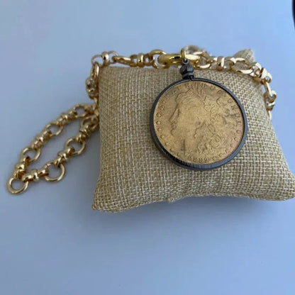 Vintage Coin Necklace-Shiny Gold Multi Link Chain Necklace-Gold Reproduction Coin-Gunmetal Bezel Coin-Spring Lock Clasp