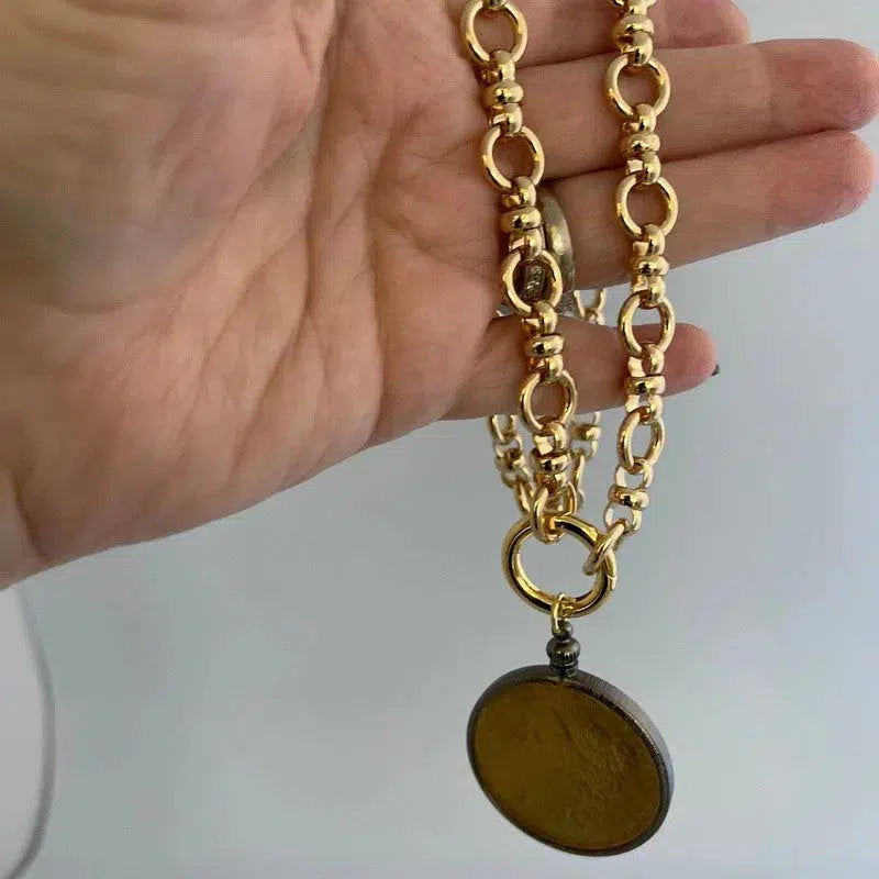 Vintage Coin Necklace-Shiny Gold Multi Link Chain Necklace-Gold Reproduction Coin-Gunmetal Bezel Coin-Spring Lock Clasp