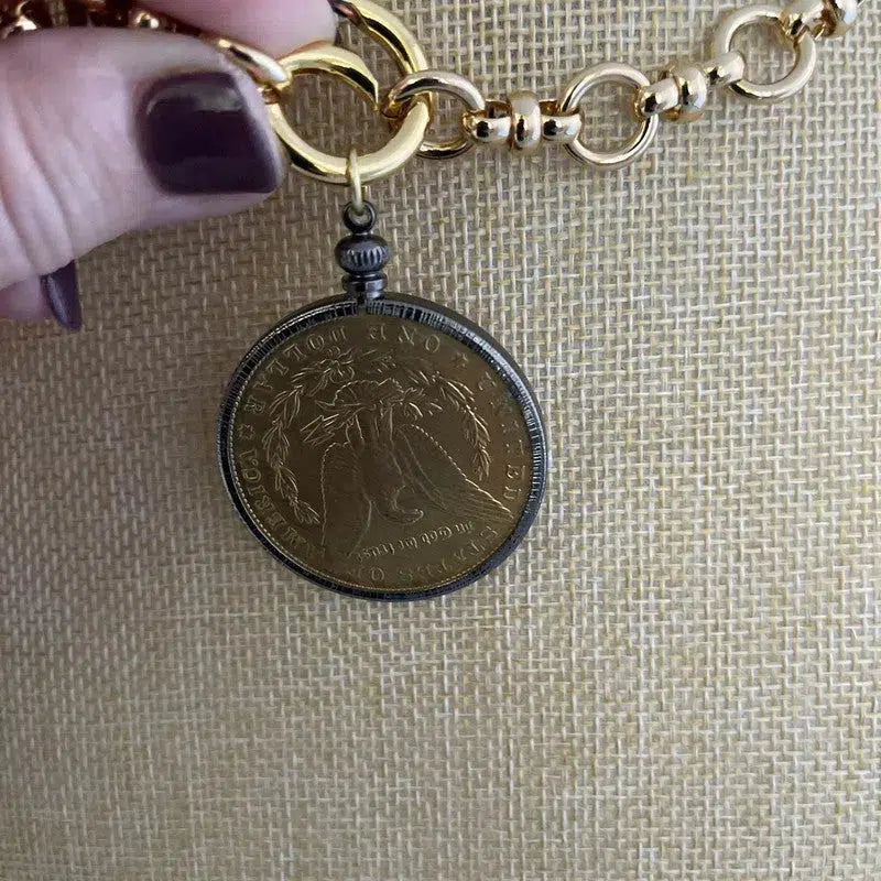 Vintage Coin Necklace-Shiny Gold Multi Link Chain Necklace-Gold Reproduction Coin-Gunmetal Bezel Coin-Spring Lock Clasp