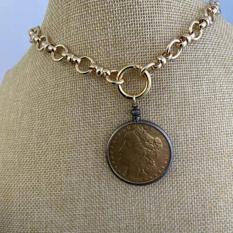 Vintage Coin Necklace-Shiny Gold Multi Link Chain Necklace-Gold Reproduction Coin-Gunmetal Bezel Coin-Spring Lock Clasp