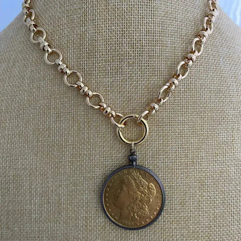 Vintage Coin Necklace-Shiny Gold Multi Link Chain Necklace-Gold Reproduction Coin-Gunmetal Bezel Coin-Spring Lock Clasp