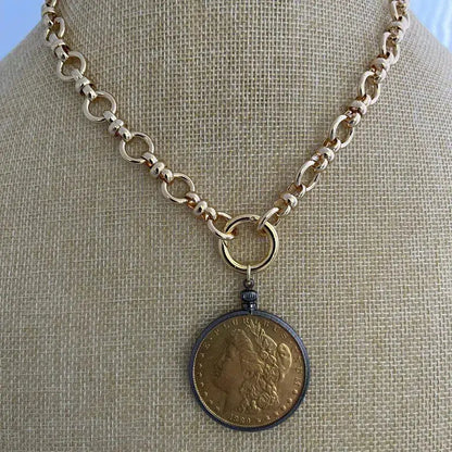 Vintage Coin Necklace-Shiny Gold Multi Link Chain Necklace-Gold Reproduction Coin-Gunmetal Bezel Coin-Spring Lock Clasp