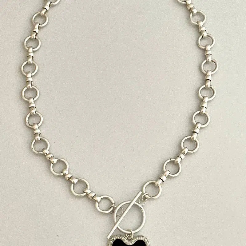 Silver Chain Necklace-Matt Satin Silver Cable Necklace-Enamel Pave Heart Pendant-Toggle Closure-Matt Satin Finish-3 Heart Color Choices