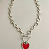 Silver Chain Necklace-Matt Satin Silver Cable Necklace-Enamel Pave Heart Pendant-Toggle Closure-Matt Satin Finish-3 Heart Color Choices
