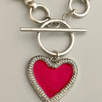 Silver Chain Necklace-Matt Satin Silver Cable Necklace-Enamel Pave Heart Pendant-Toggle Closure-Matt Satin Finish-3 Heart Color Choices