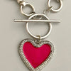 Silver Chain Necklace-Matt Satin Silver Cable Necklace-Enamel Pave Heart Pendant-Toggle Closure-Matt Satin Finish-3 Heart Color Choices