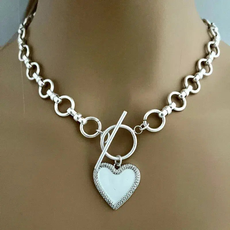 Silver Chain Necklace-Matt Satin Silver Cable Necklace-Enamel Pave Heart Pendant-Toggle Closure-Matt Satin Finish-3 Heart Color Choices