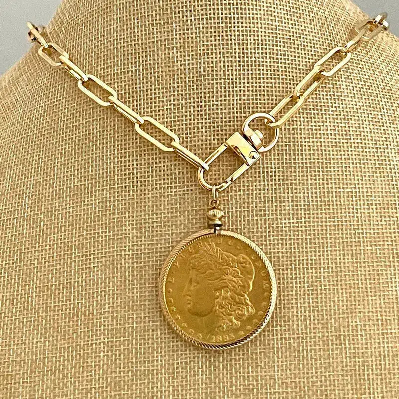 Gold Bezel Coin Necklace-Paperclip Chain-Shiny Gold Coin-Reproduction Coin-LibertyCoin-Carabiner Clasp-Spring Lock Clasp