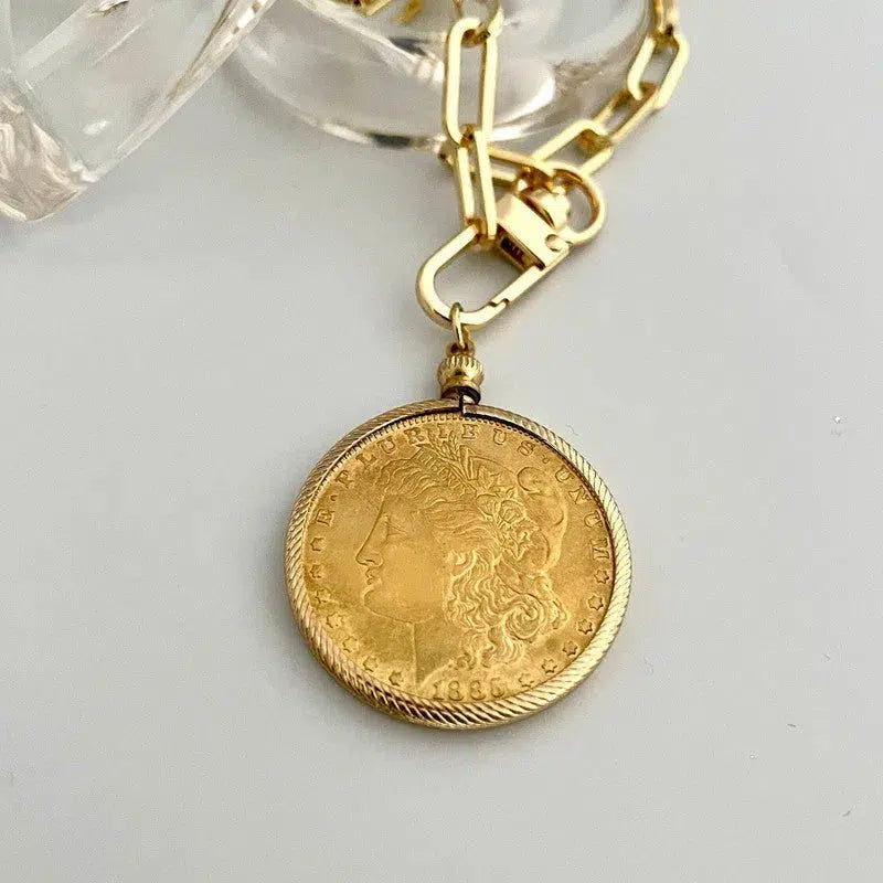 Gold Bezel Coin Necklace-Paperclip Chain-Shiny Gold Coin-Reproduction Coin-LibertyCoin-Carabiner Clasp-Spring Lock Clasp