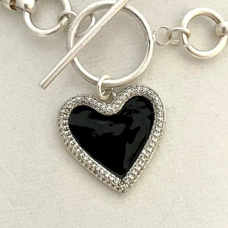 Silver Chain Necklace-Matt Satin Silver Cable Necklace-Enamel Pave Heart Pendant-Toggle Closure-Matt Satin Finish-3 Heart Color Choices