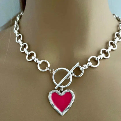 Silver Chain Necklace-Matt Satin Silver Cable Necklace-Enamel Pave Heart Pendant-Toggle Closure-Matt Satin Finish-3 Heart Color Choices