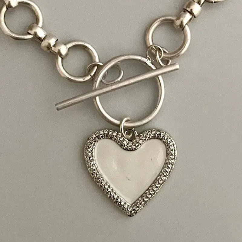 Silver Chain Necklace-Matt Satin Silver Cable Necklace-Enamel Pave Heart Pendant-Toggle Closure-Matt Satin Finish-3 Heart Color Choices