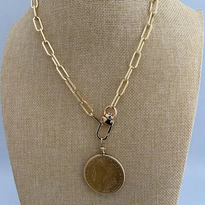 Gold Bezel Coin Necklace-Paperclip Chain-Shiny Gold Coin-Reproduction Coin-LibertyCoin-Carabiner Clasp-Spring Lock Clasp