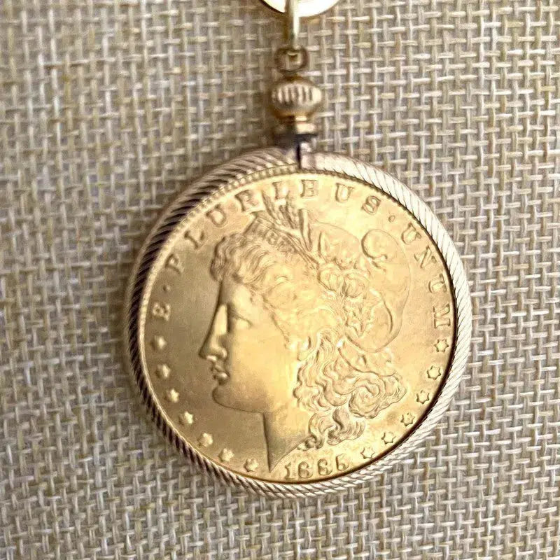 Gold Bezel Coin Necklace-Paperclip Chain-Shiny Gold Coin-Reproduction Coin-LibertyCoin-Carabiner Clasp-Spring Lock Clasp