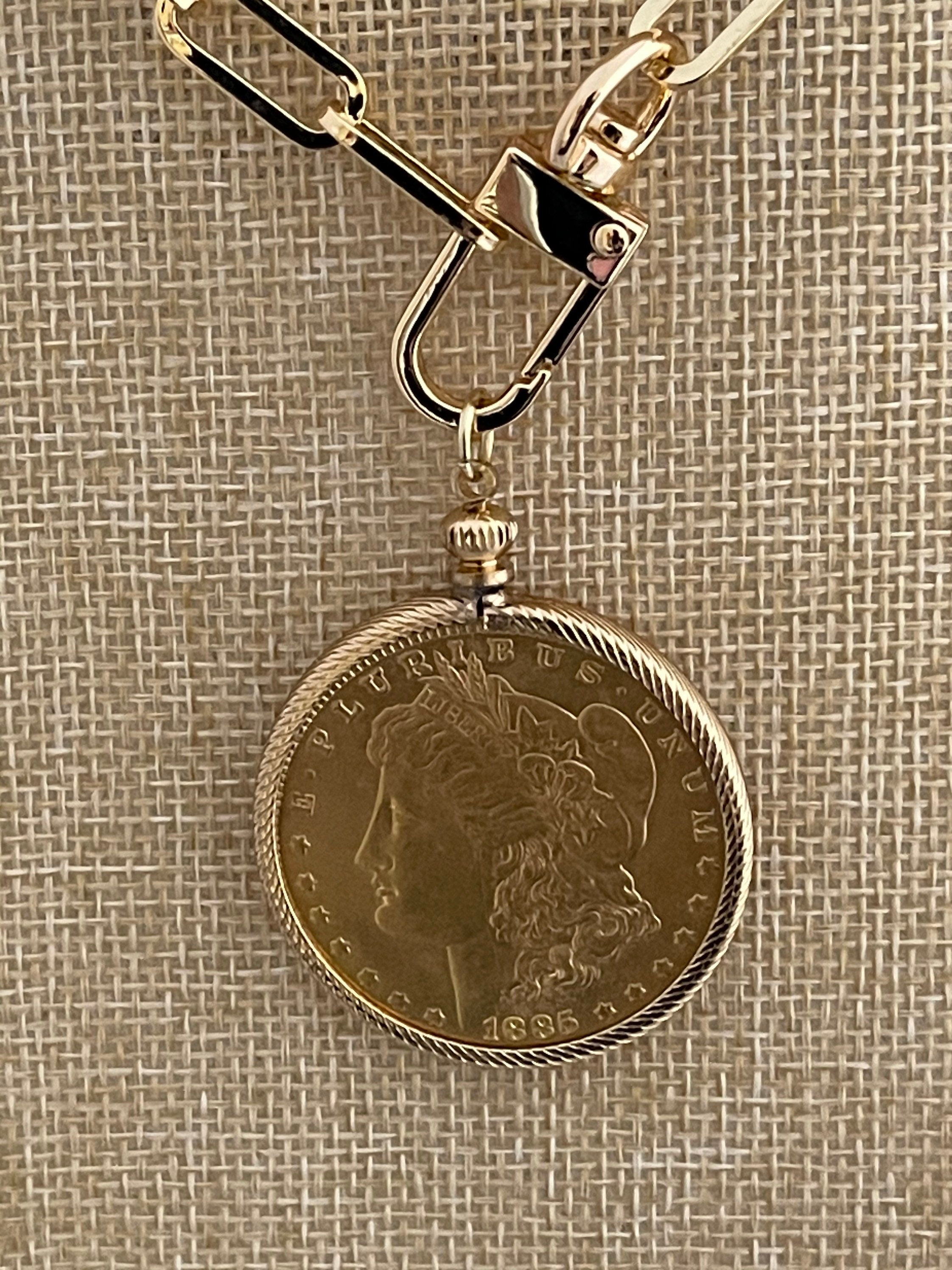 Gold Coin Pendant-Paperclip Chain Necklace-Shiny Gold Coin-Reproduction Coin-LibertyCoin-Carabiner Clasp-Spring Lock Clasp-Aesthetic Jewel