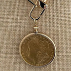 Gold Bezel Coin Necklace-Paperclip Chain-Shiny Gold Coin-Reproduction Coin-LibertyCoin-Carabiner Clasp-Spring Lock Clasp