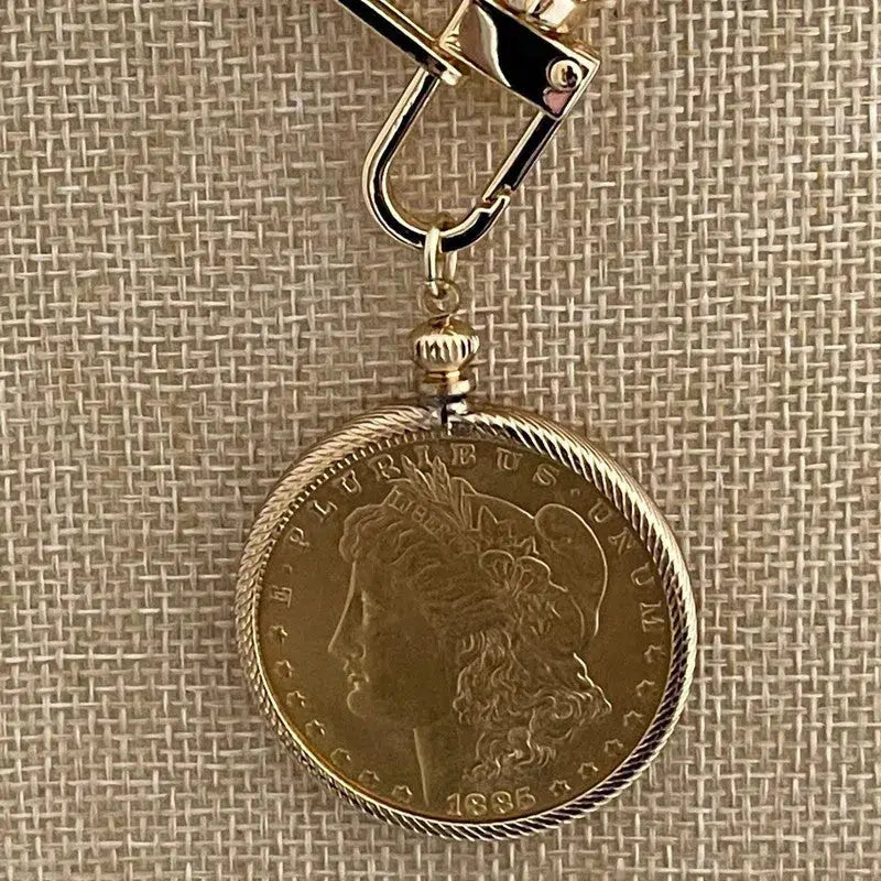 Gold Bezel Coin Necklace-Paperclip Chain-Shiny Gold Coin-Reproduction Coin-LibertyCoin-Carabiner Clasp-Spring Lock Clasp