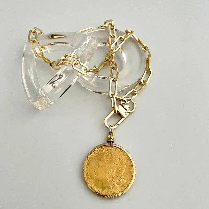 Gold Bezel Coin Necklace-Paperclip Chain-Shiny Gold Coin-Reproduction Coin-LibertyCoin-Carabiner Clasp-Spring Lock Clasp