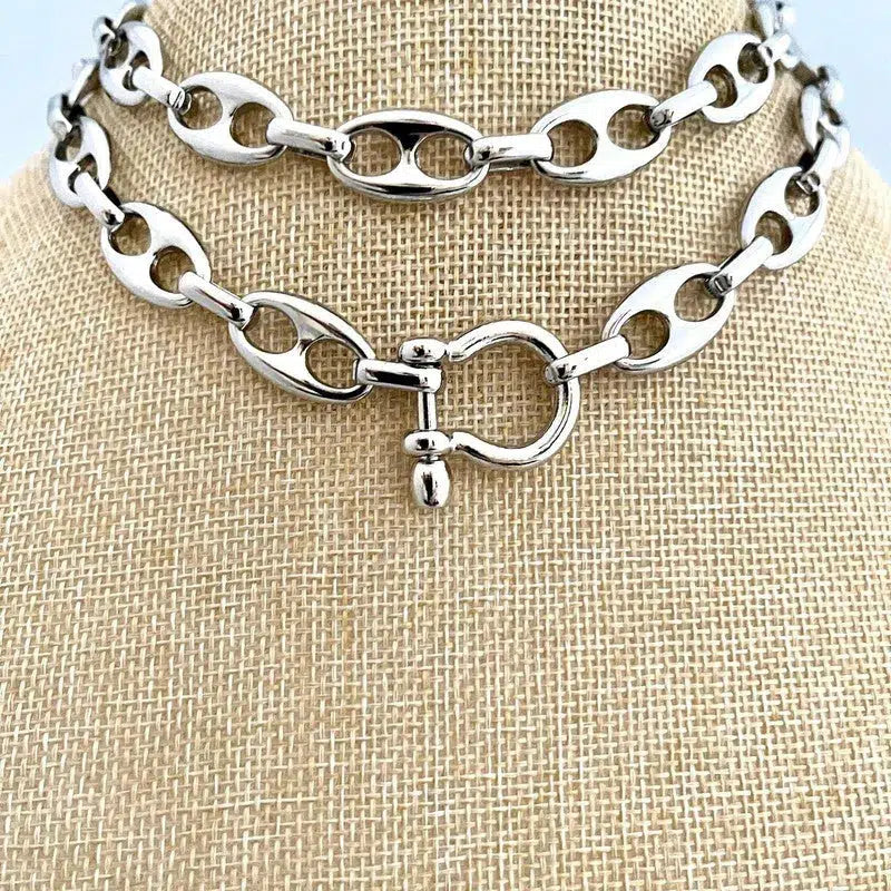 Silver Chunky Large Link Chain Necklace-Shackle Clasp-Puffed Link Chain-Choker Chain Necklace-Rhodium Plated-Trending Jewelry